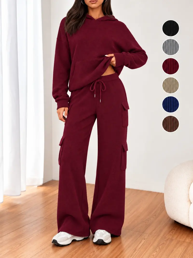 Women’s 2 Piece Ribbed Hoodie Set, Long Sleeve Pullover & Wide Leg Cargo Pants, Casual Lounge for Fall Winter, Holiday Gift