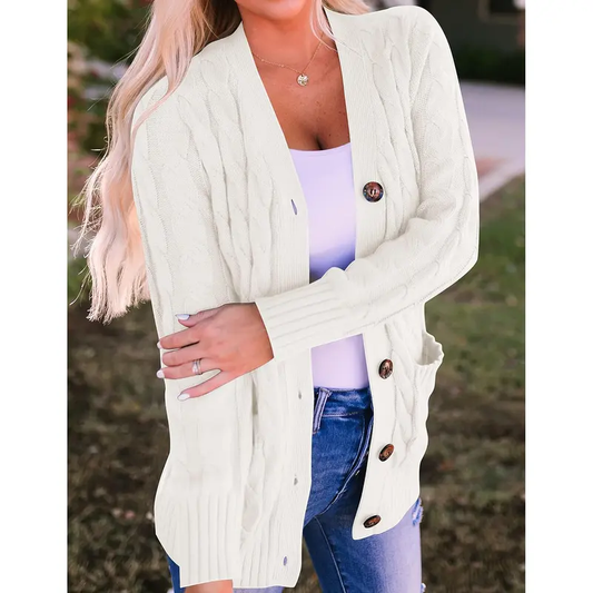 Women’s Cable-Knit Button-Front Cardigan – Cozy Relaxed Fit for Fall & Winter