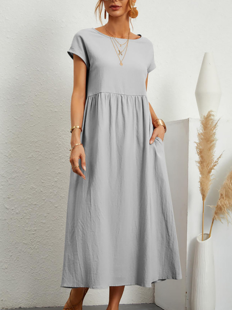 Women's Breathable Cotton-Linen Gauze Midi Dress with Pockets