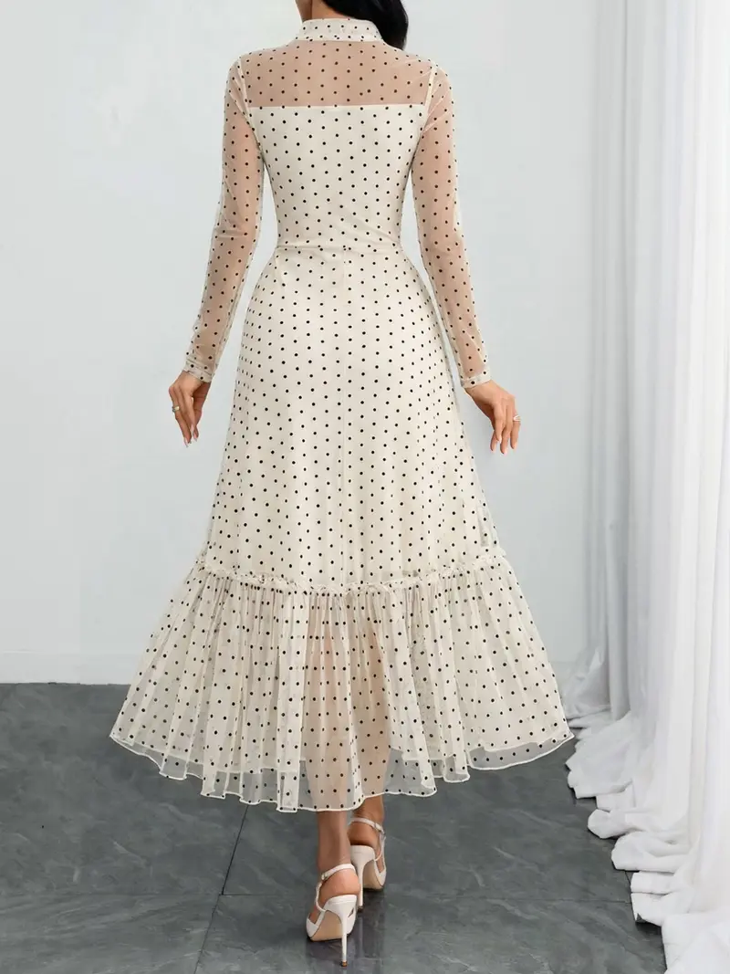 Women's Polka Dot Bow-Neck Ruffle Hem Midi Dress