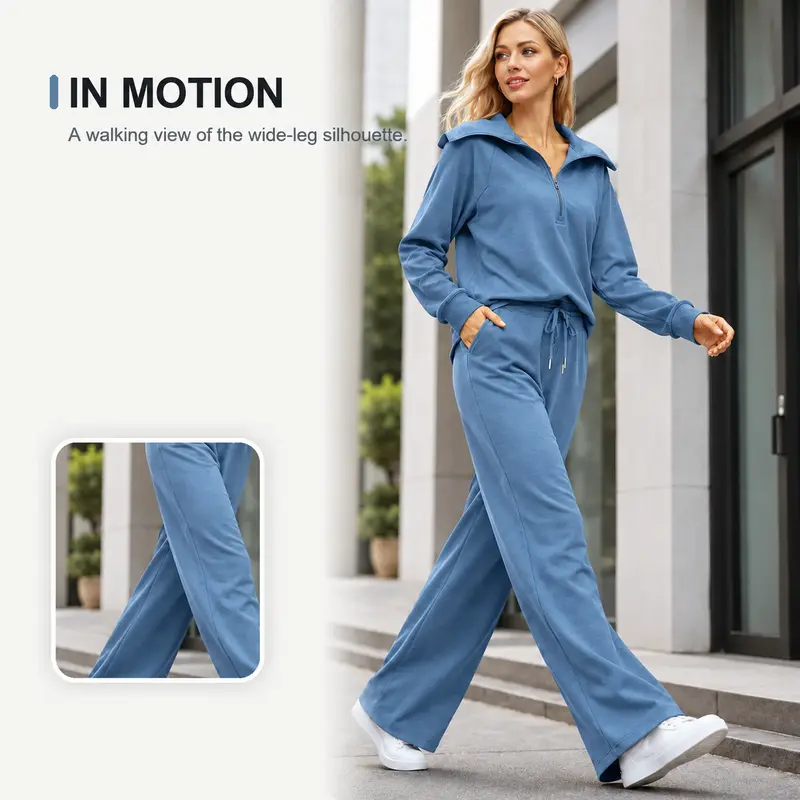 Women’s Half-Zip Sweatshirt & Wide-Leg Pants Set – Relaxed Two-Piece Outfit