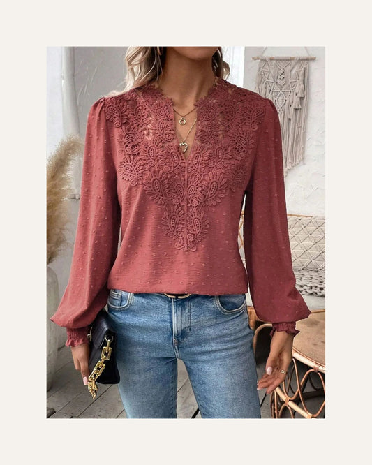 Women's Lace Embroidered V-Neck Puff Sleeve Blouse - Burgundy