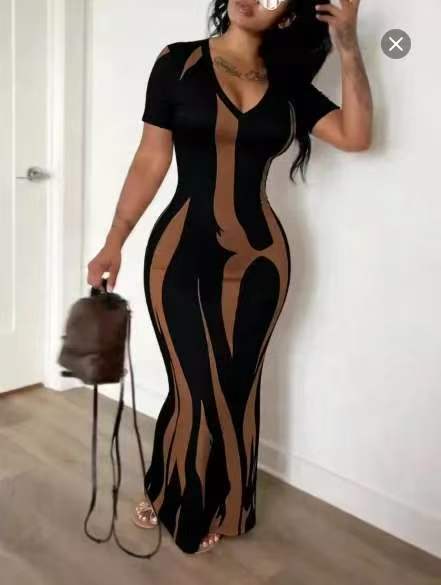 Amazon'S New Cross-Border Foreign Trade Commuter Style Sexy Versatile V-Neck Slim Pleated Short-Sleeved Printed Dress