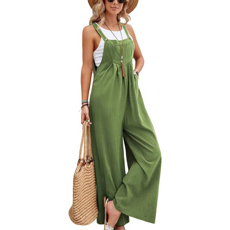 Multi-Color Casual Ruched Overalls with Adjustable Button Straps and Multiple Pockets