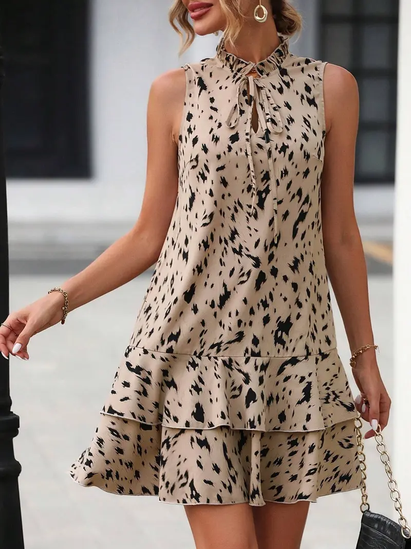 Women's Geometric Print Bow Dress, Tiered Layer Cake Skirt, Casual Sleeveless Fitted Short Dress, All-Season Versatile Fashion