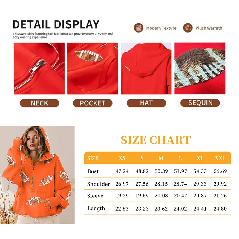 Women's Oversized Game Day Hoodie Casual Long‑Sleeve Half‑Zip Pullover with Sequin Football Print Kangaroo Pocket