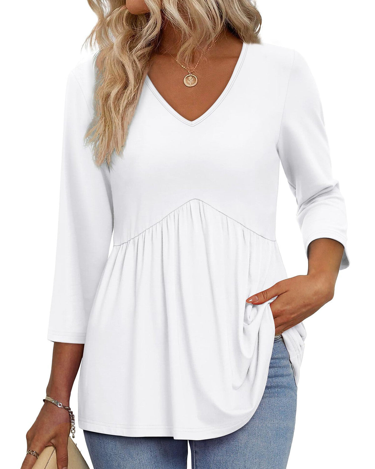 Women’s 3/4 Sleeve V-Neck Babydoll Blouse – Dressy Casual Top