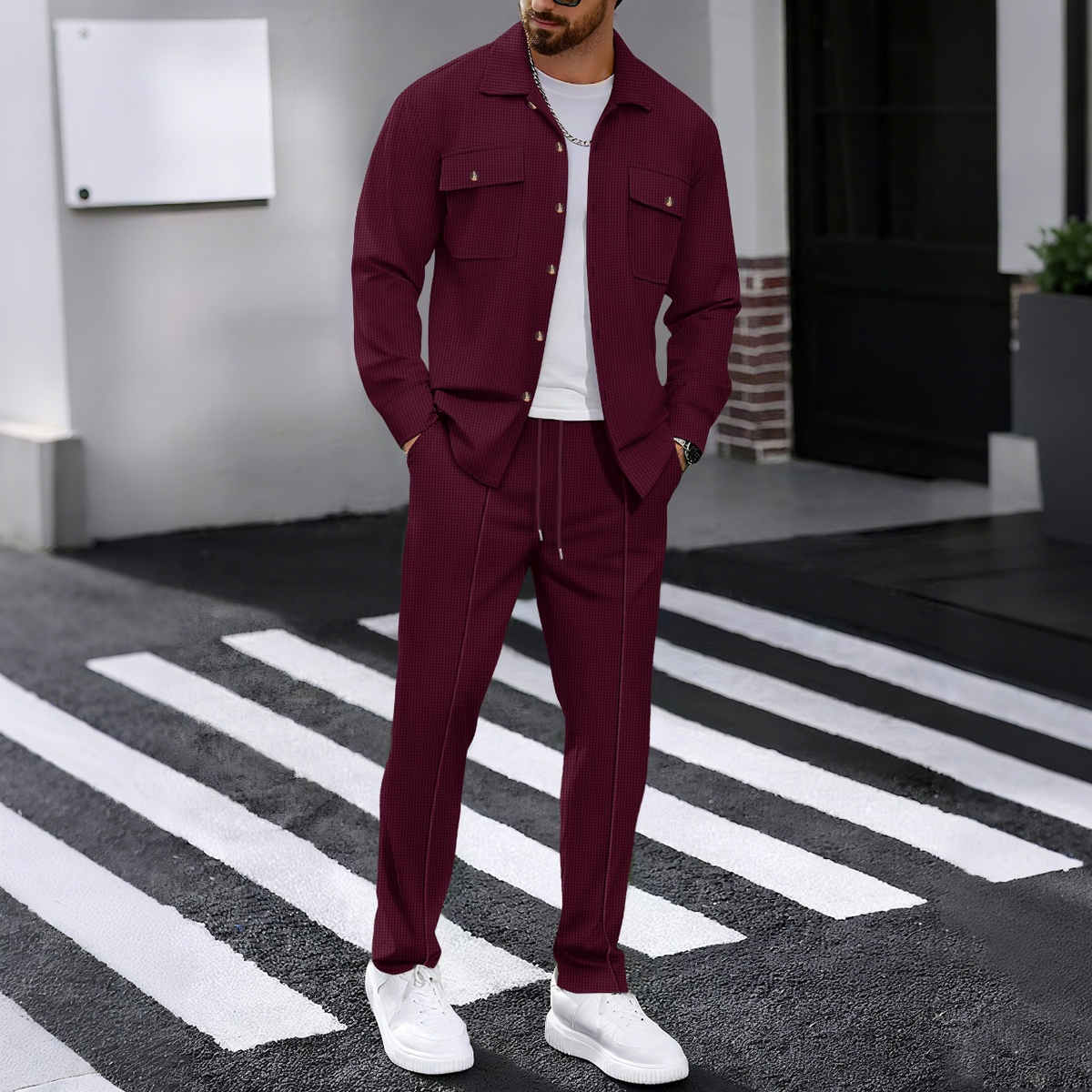 Men’s Textured Knit Shirt & Drawstring Pants Set – Casual Two-Piece Outfit
