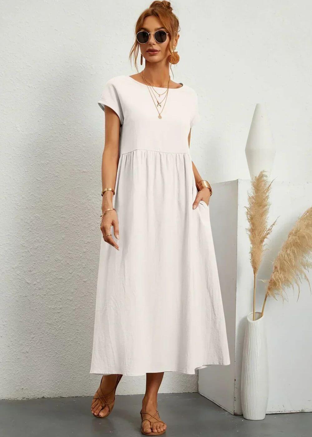 Women's Breathable Cotton-Linen Gauze Midi Dress with Pockets