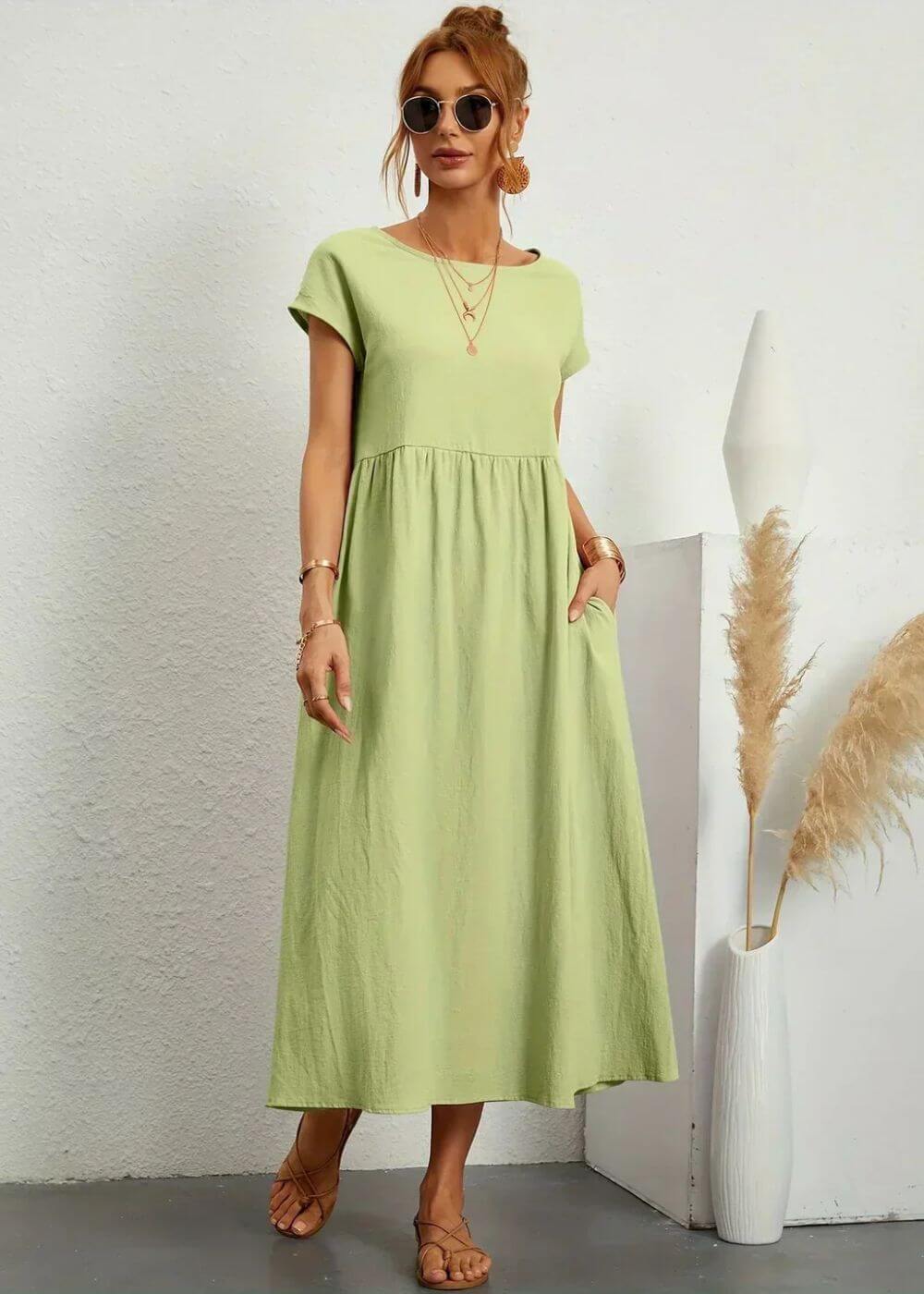 Women's Breathable Cotton-Linen Gauze Midi Dress with Pockets