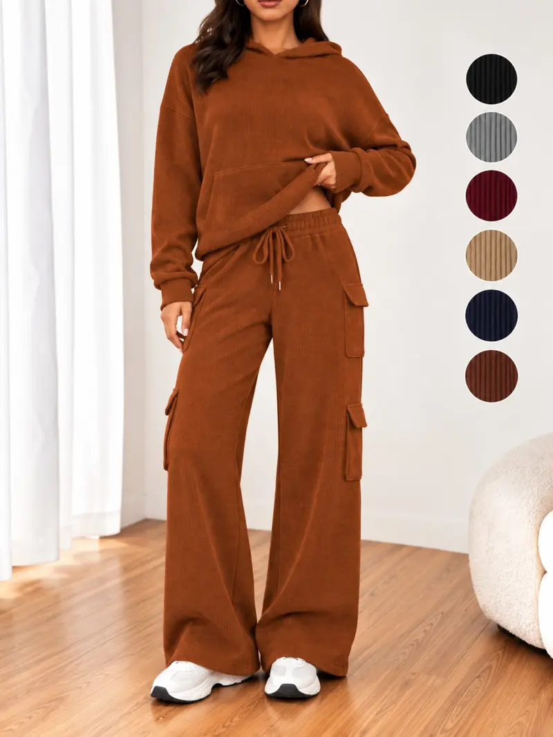 Women’s 2 Piece Ribbed Hoodie Set, Long Sleeve Pullover & Wide Leg Cargo Pants, Casual Lounge for Fall Winter, Holiday Gift