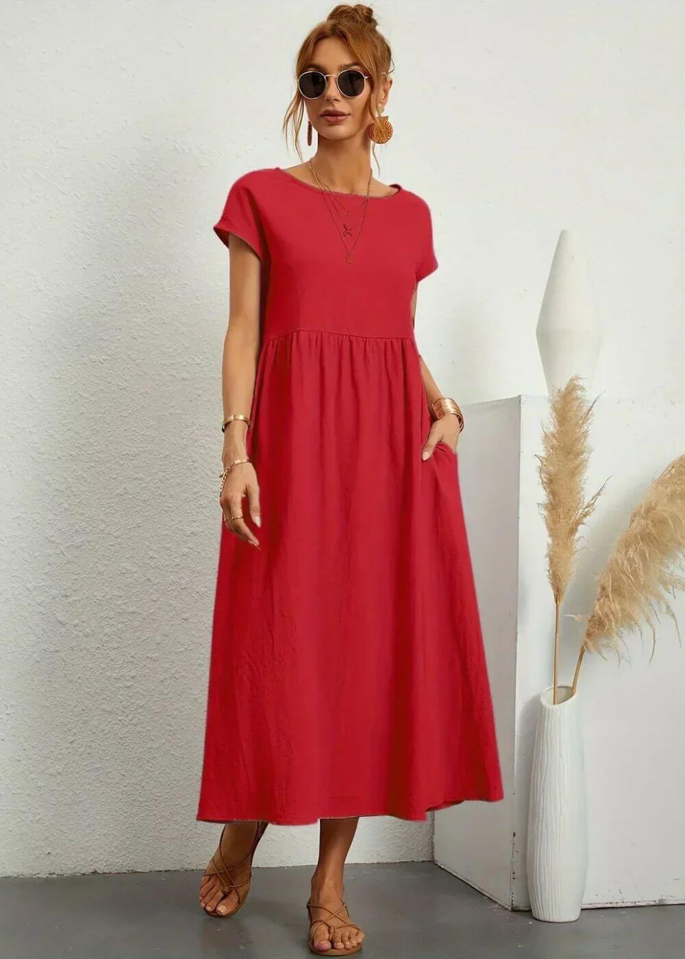 Women's Breathable Cotton-Linen Gauze Midi Dress with Pockets