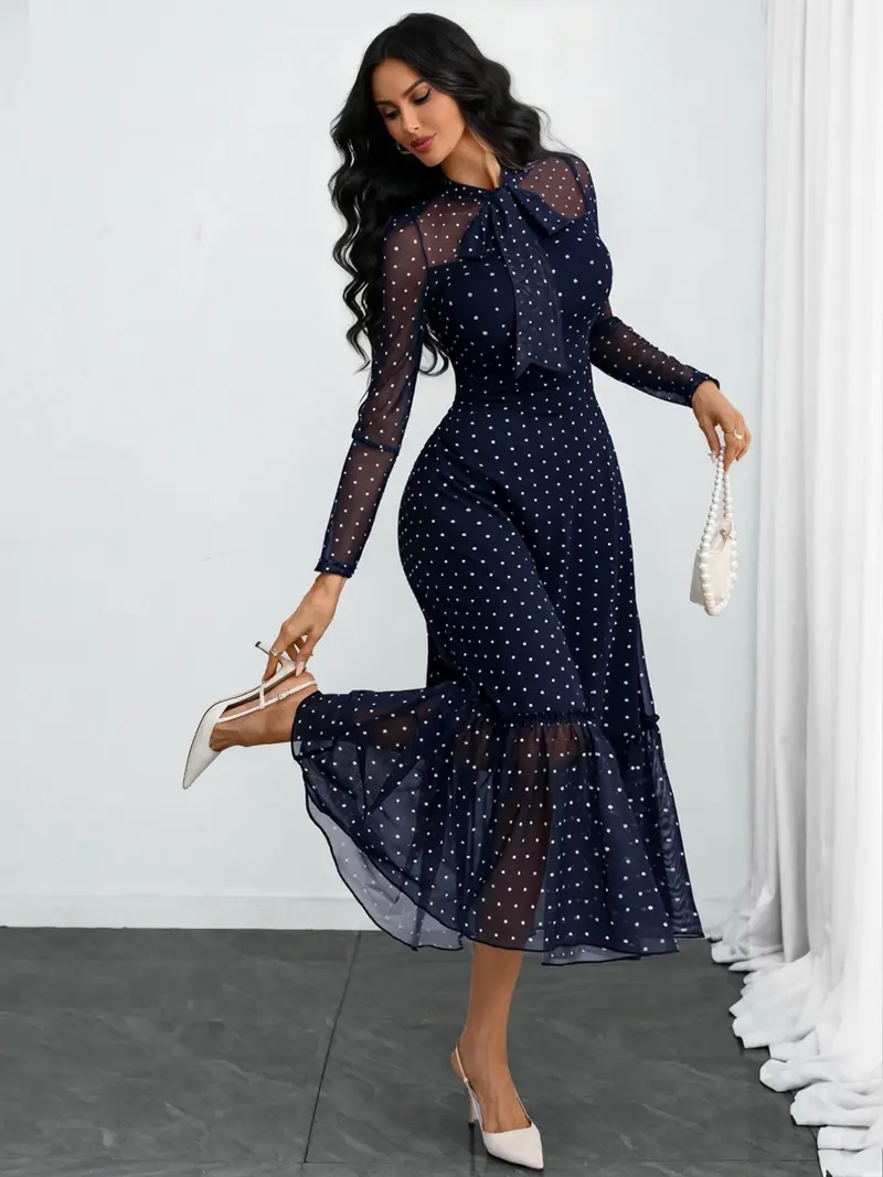 Women's Polka Dot Bow-Neck Ruffle Hem Midi Dress