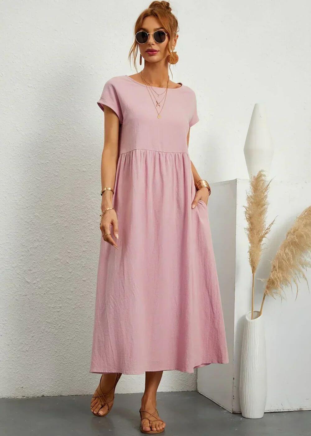 Women's Breathable Cotton-Linen Gauze Midi Dress with Pockets