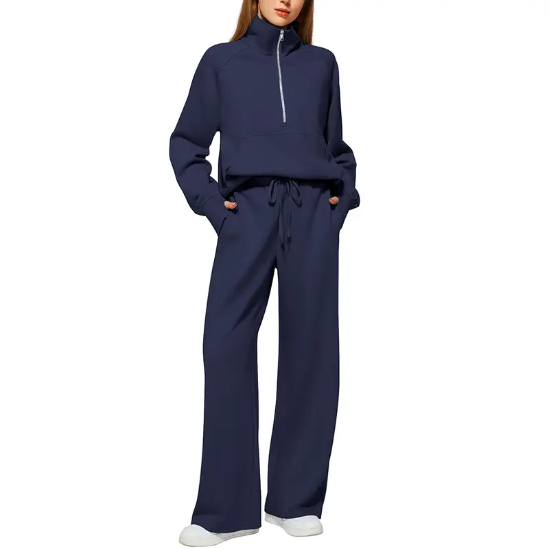 Women's 2-Piece Chic Ribbed Silk-Like Loungewear Set - Drop-Shoulder Oversized Half-Zip Pullover Top with Thumbholes, High-Waist Wide-Leg Pants (Skim, Not Hug) - Fitness & Outdoor Travel Essentials