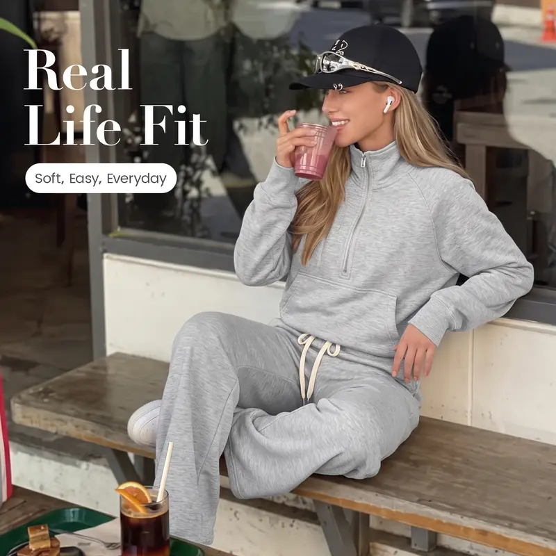 Women's 2-Piece Chic Ribbed Silk-Like Loungewear Set - Drop-Shoulder Oversized Half-Zip Pullover Top with Thumbholes, High-Waist Wide-Leg Pants (Skim, Not Hug) - Fitness & Outdoor Travel Essentials