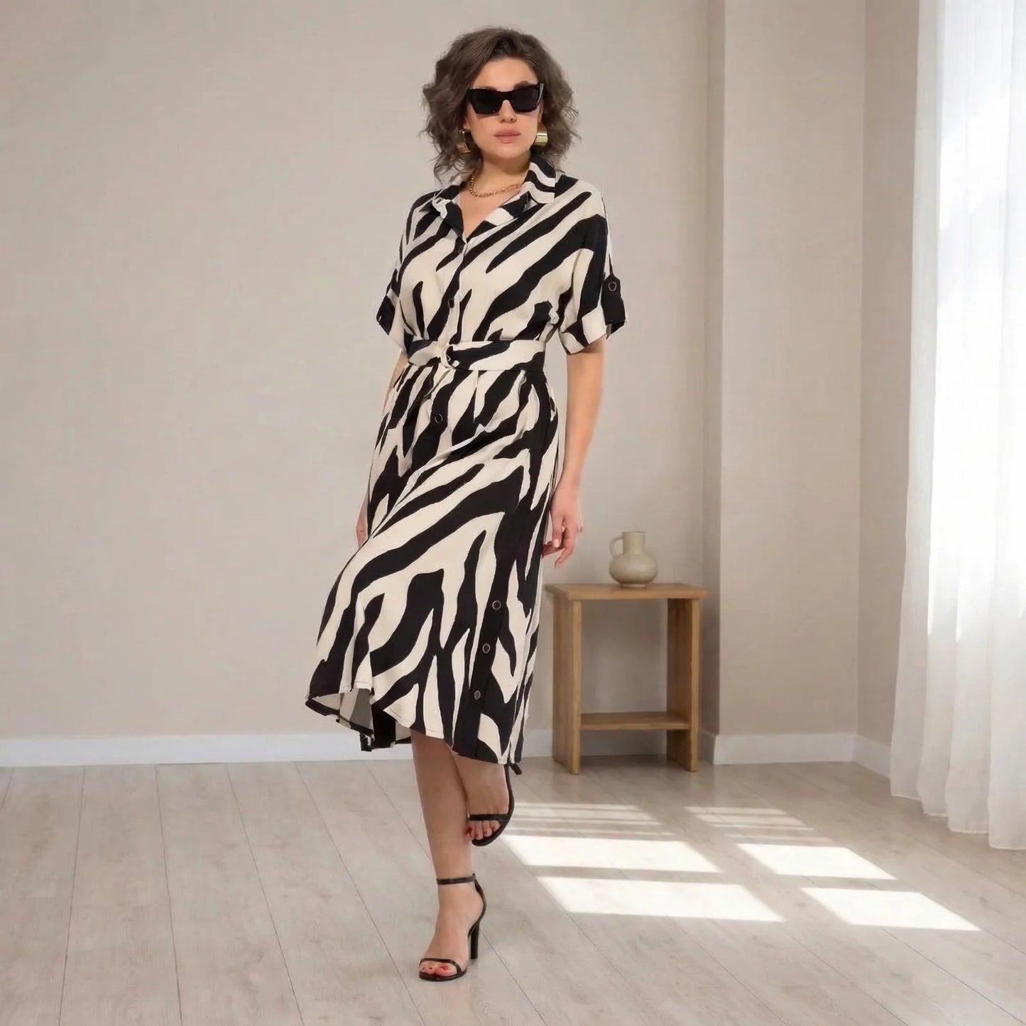 Women's Elegant Midi Shirt Dress | Button Front Relaxed Fit Casual Dress