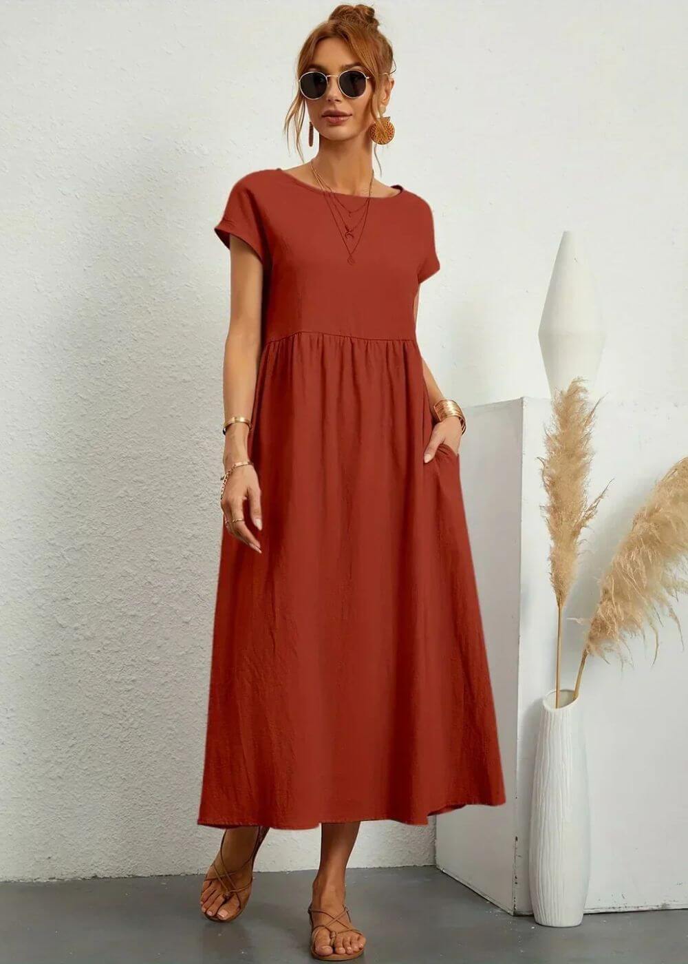 Women's Breathable Cotton-Linen Gauze Midi Dress with Pockets