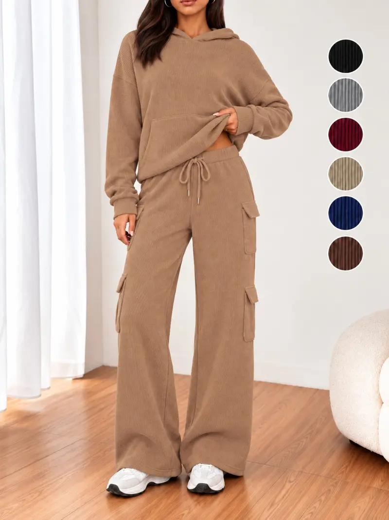 Women’s 2 Piece Ribbed Hoodie Set, Long Sleeve Pullover & Wide Leg Cargo Pants, Casual Lounge for Fall Winter, Holiday Gift