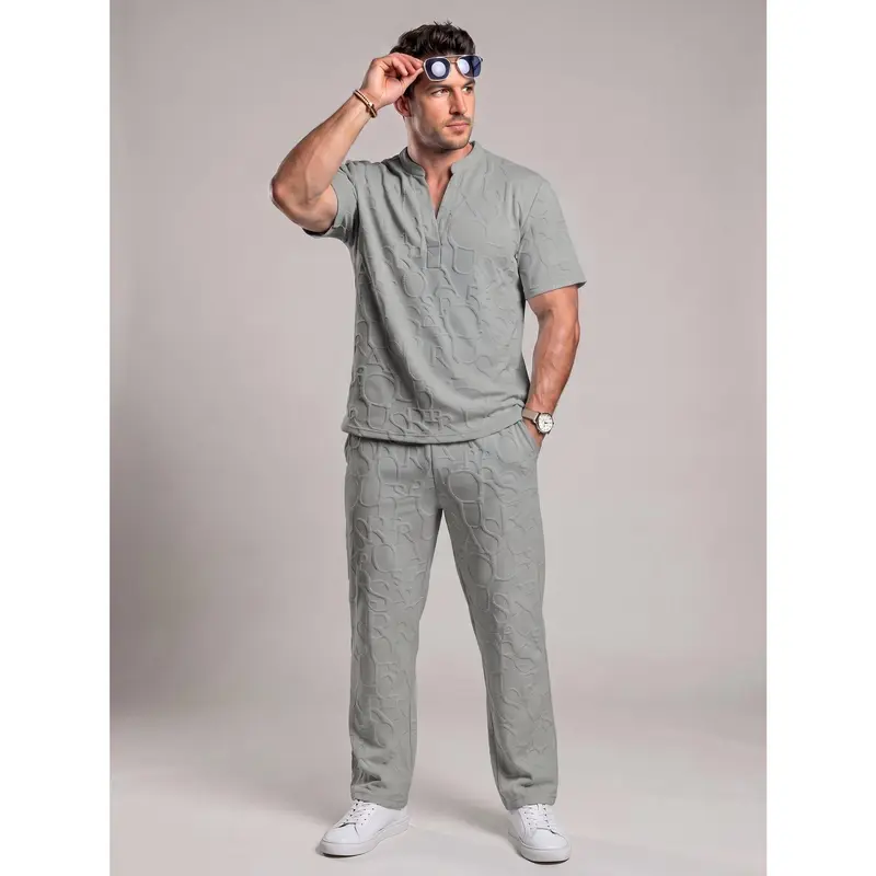 Men’s Textured Short Sleeve Top & Drawstring Pants Set – Casual Two-Piece Outfit