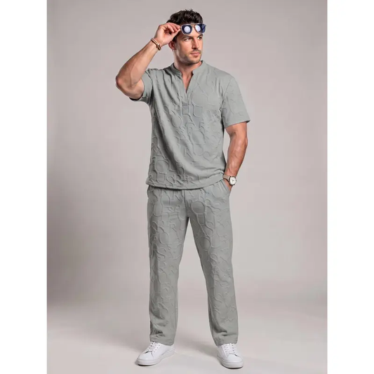 Men’s Textured Short Sleeve Top & Drawstring Pants Set – Casual Two-Piece Outfit