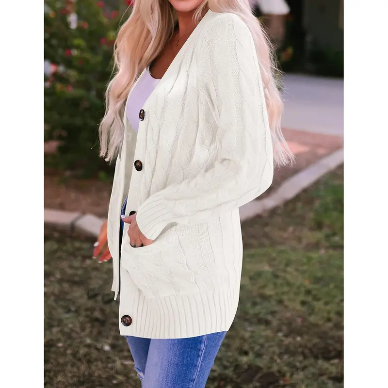 Women’s Cable-Knit Button-Front Cardigan – Cozy Relaxed Fit for Fall & Winter