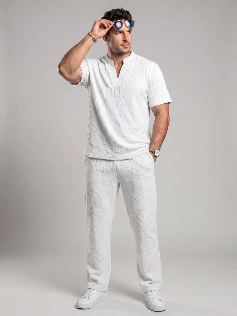 Men’s Textured Short Sleeve Top & Drawstring Pants Set – Casual Two-Piece Outfit