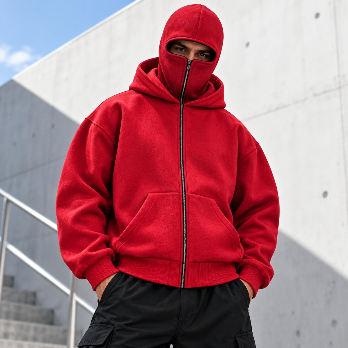 Unisex Fleece-Lined Full-Zip Hoodie with Built-In Face Cover