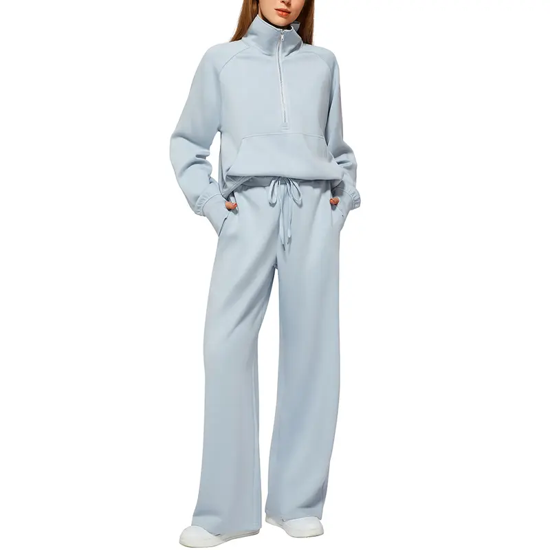 Women's 2-Piece Chic Ribbed Silk-Like Loungewear Set - Drop-Shoulder Oversized Half-Zip Pullover Top with Thumbholes, High-Waist Wide-Leg Pants (Skim, Not Hug) - Fitness & Outdoor Travel Essentials