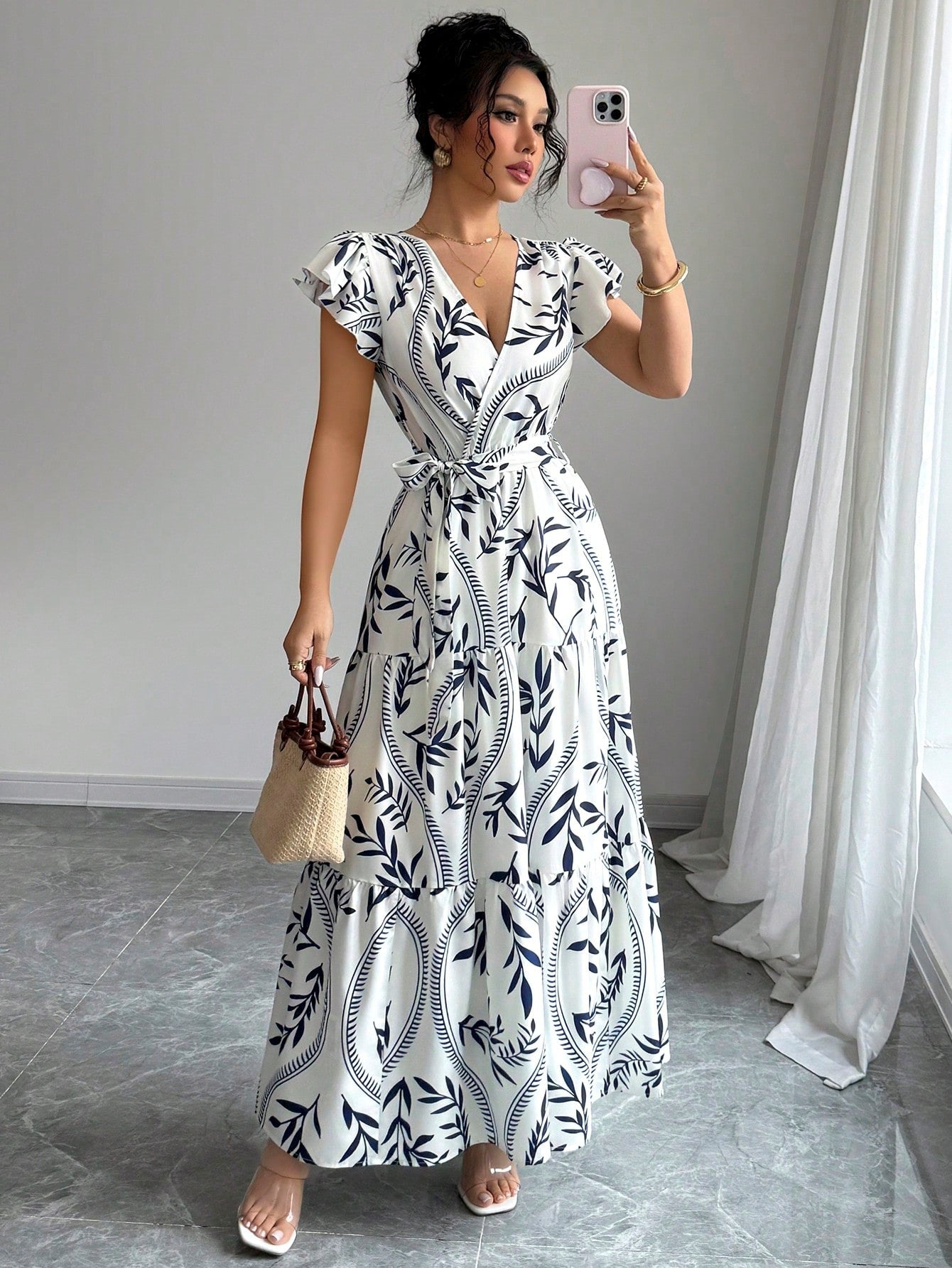 Bamboo Leaf Print V-Neck Maxi Dress