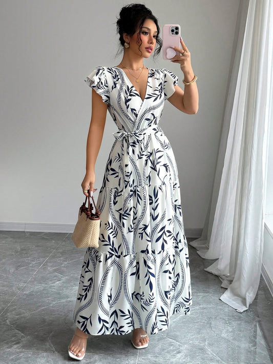 Bamboo Leaf Print V-Neck Maxi Dress