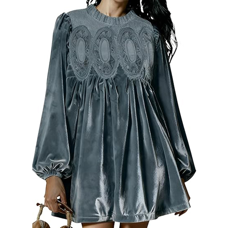 Womens A-Line Velvet Lace Overall Pleated Babydoll Mini Dress Casual Scallop Neck Flared Swing Dress