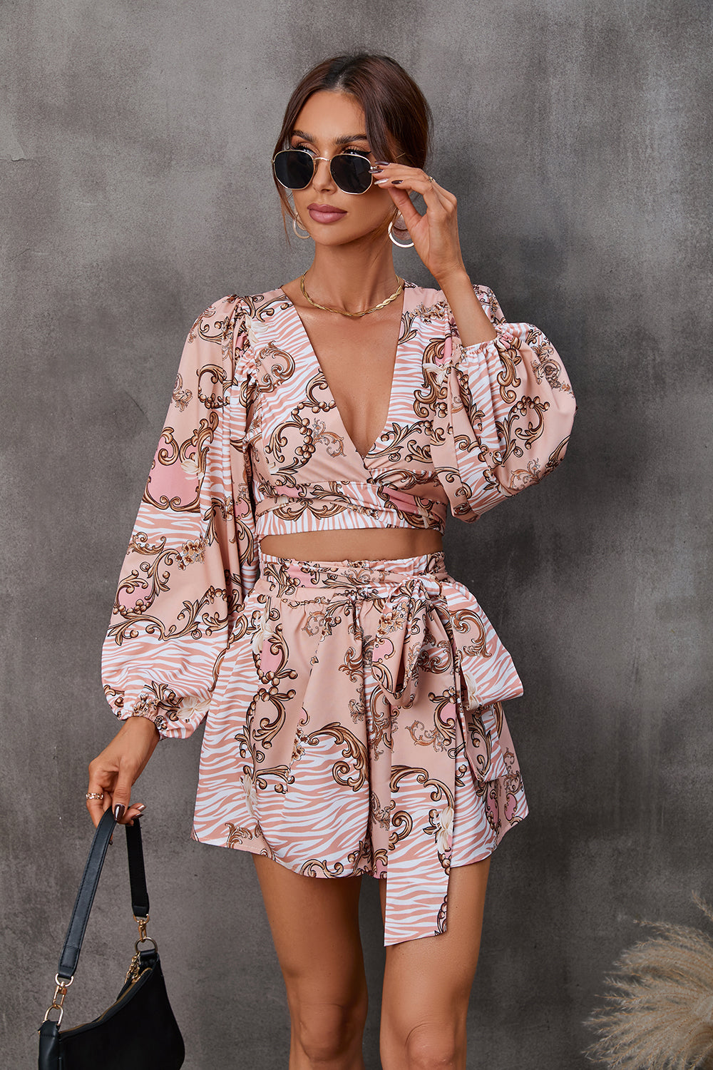 Women's Elegant V Neck Puff Sleeve Two Piece Set