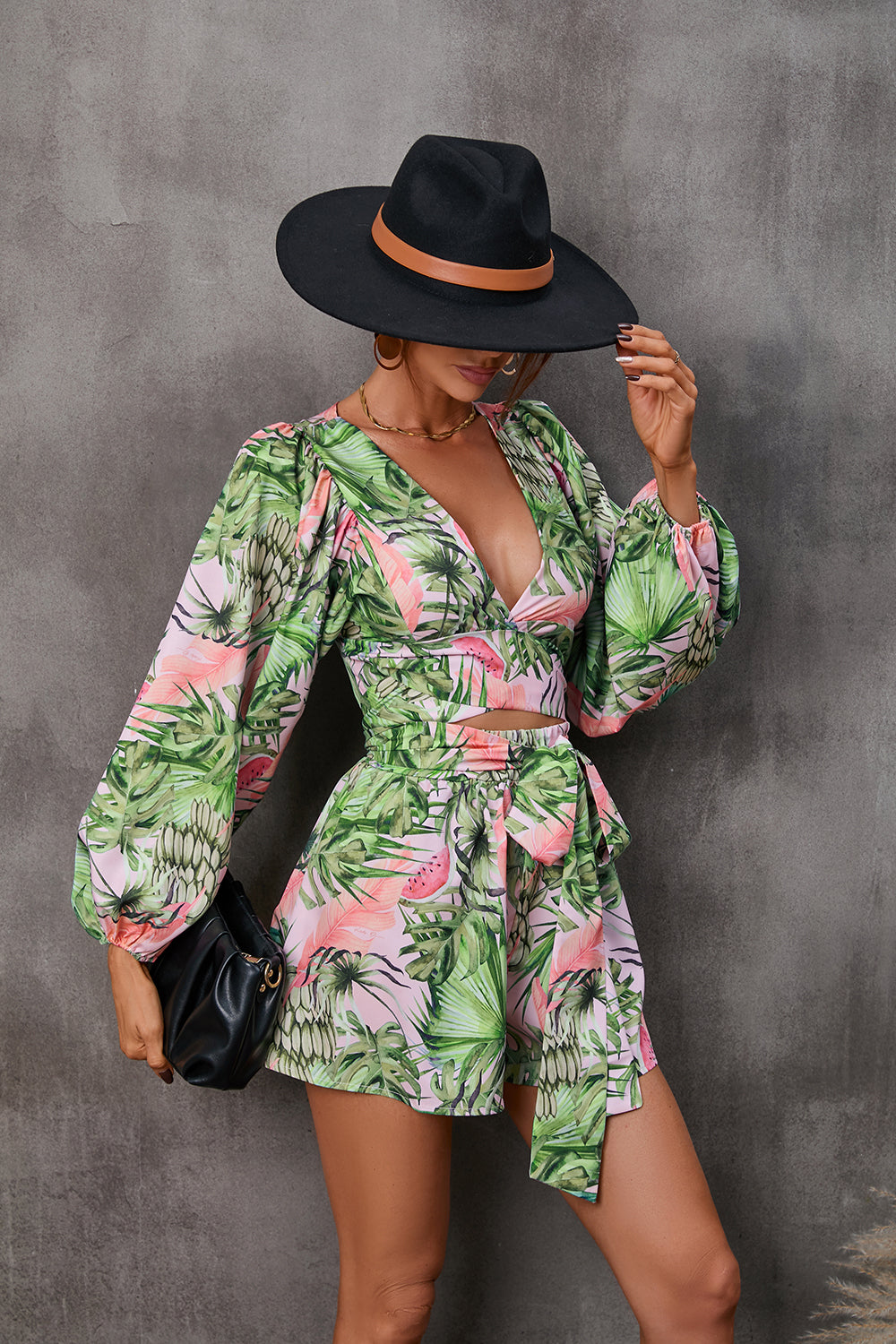Women's Elegant V Neck Puff Sleeve Two Piece Set