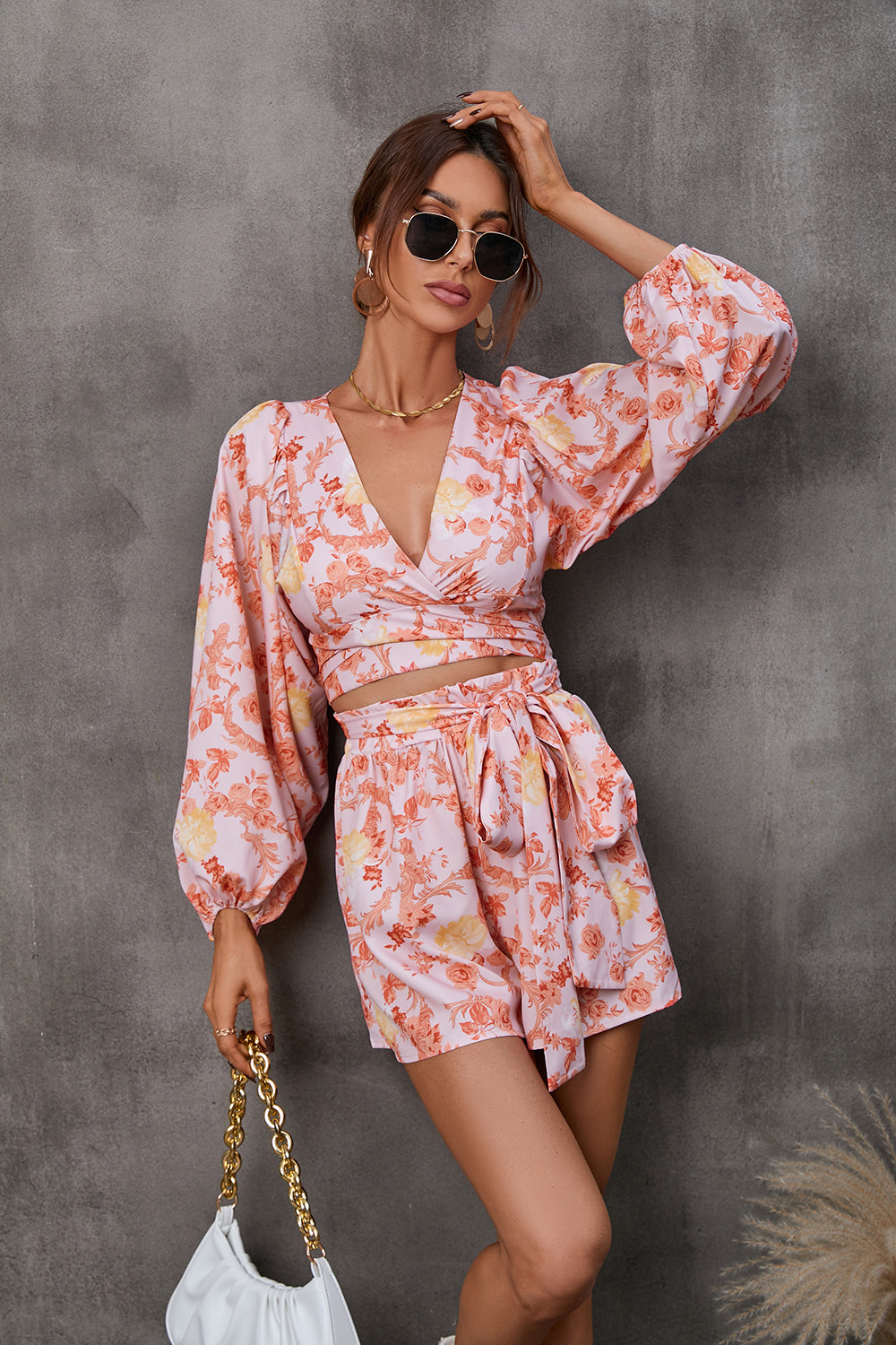 Women's Elegant V Neck Puff Sleeve Two Piece Set