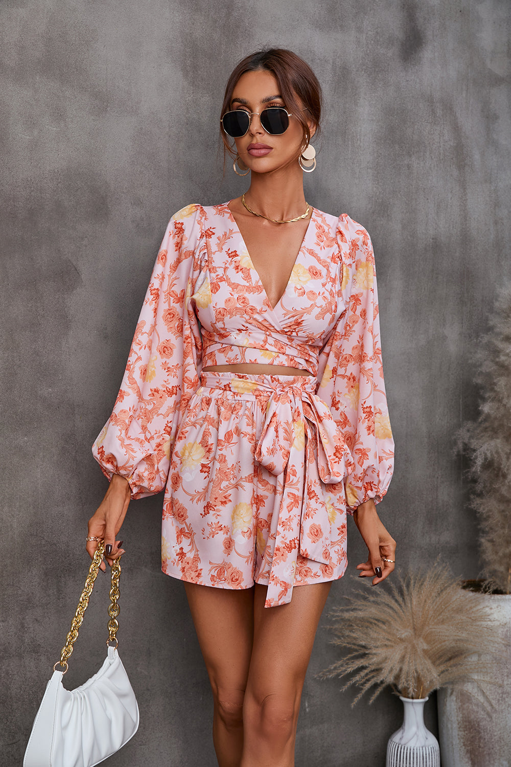 Women's Elegant V Neck Puff Sleeve Two Piece Set