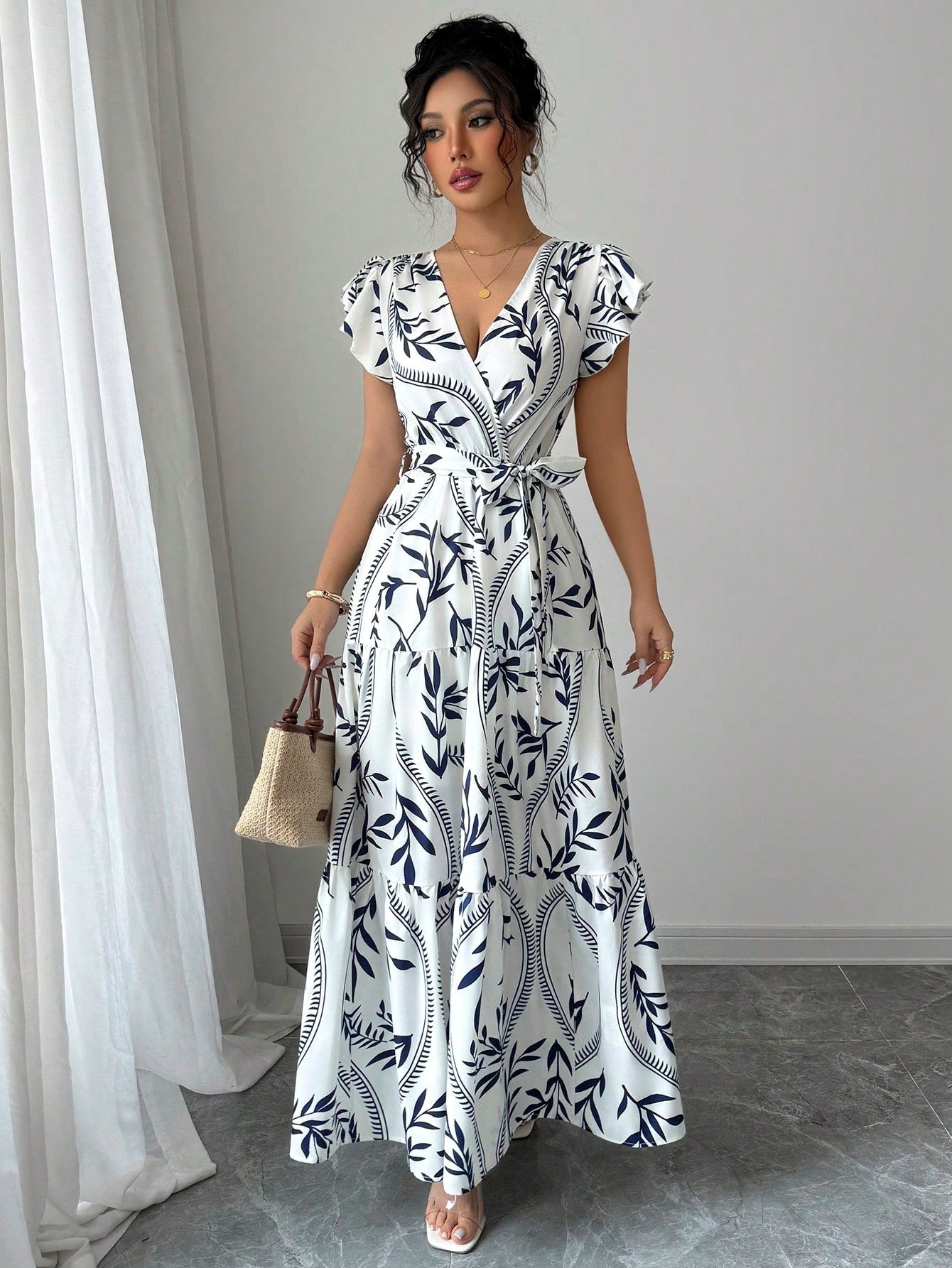 Bamboo Leaf Print V-Neck Maxi Dress