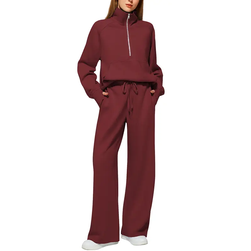 Women's 2-Piece Chic Ribbed Silk-Like Loungewear Set - Drop-Shoulder Oversized Half-Zip Pullover Top with Thumbholes, High-Waist Wide-Leg Pants (Skim, Not Hug) - Fitness & Outdoor Travel Essentials