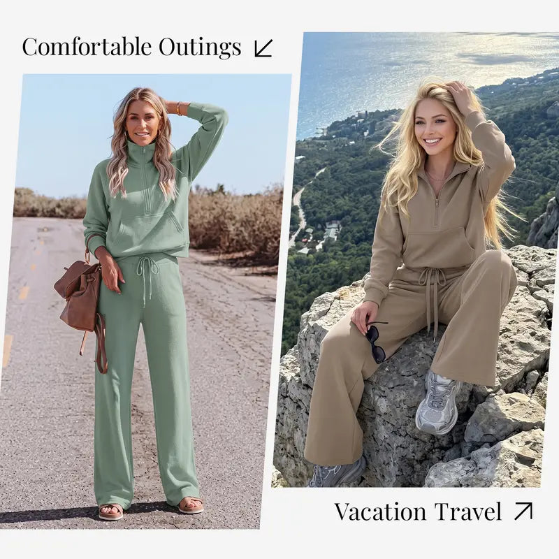 Women's 2-Piece Chic Ribbed Silk-Like Loungewear Set - Drop-Shoulder Oversized Half-Zip Pullover Top with Thumbholes, High-Waist Wide-Leg Pants (Skim, Not Hug) - Fitness & Outdoor Travel Essentials