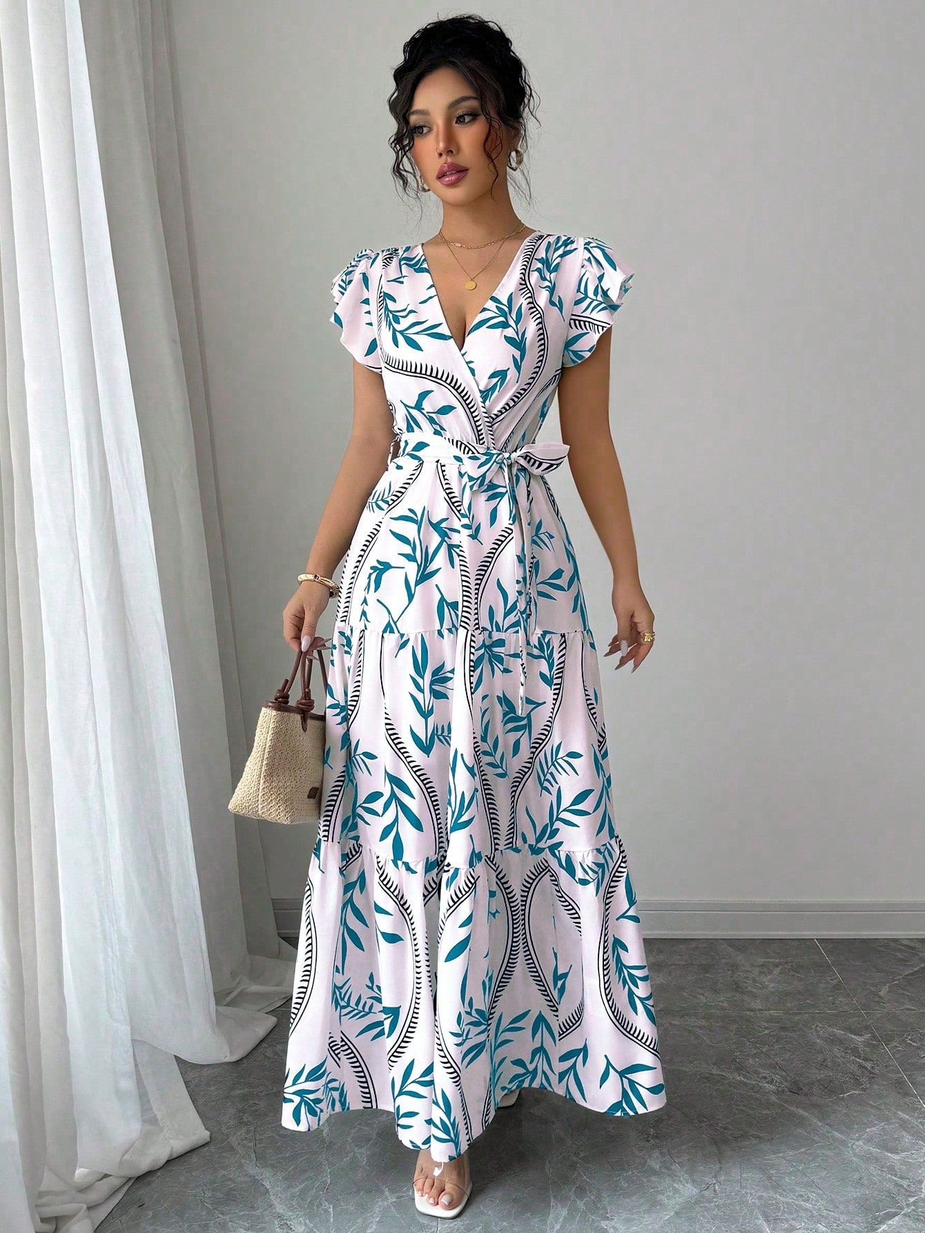 Bamboo Leaf Print V-Neck Maxi Dress