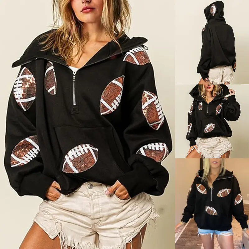 Women's Oversized Game Day Hoodie Casual Long‑Sleeve Half‑Zip Pullover with Sequin Football Print Kangaroo Pocket