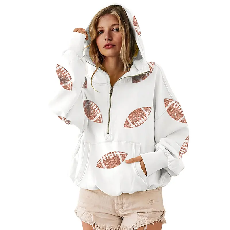 Women's Oversized Game Day Hoodie Casual Long‑Sleeve Half‑Zip Pullover with Sequin Football Print Kangaroo Pocket