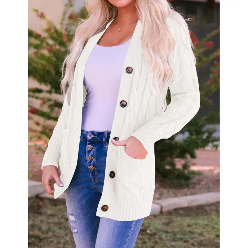 Women’s Cable-Knit Button-Front Cardigan – Cozy Relaxed Fit for Fall & Winter