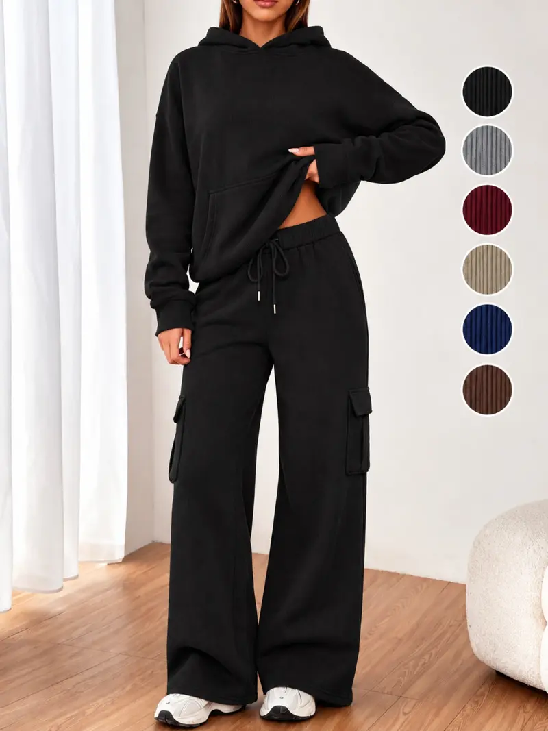 Women’s 2 Piece Ribbed Hoodie Set, Long Sleeve Pullover & Wide Leg Cargo Pants, Casual Lounge for Fall Winter, Holiday Gift
