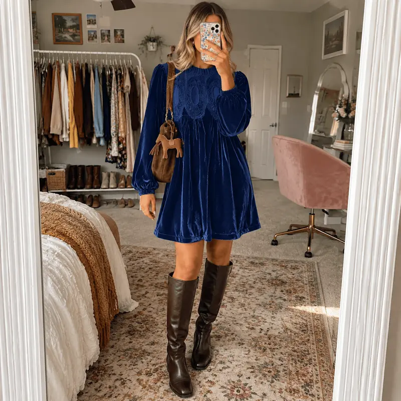 Womens A-Line Velvet Lace Overall Pleated Babydoll Mini Dress Casual Scallop Neck Flared Swing Dress