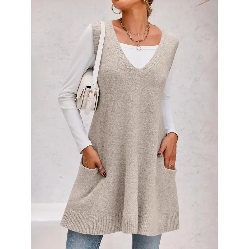 Womens Sleeveless Sweater Vest V Neck Casual Loose Knit A Line Flattering Tunic Top with Pockets Fashion Vest Sleeveless Sleeveless Minimalist Style