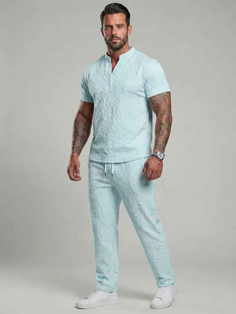 Men’s Textured Short Sleeve Top & Drawstring Pants Set – Casual Two-Piece Outfit