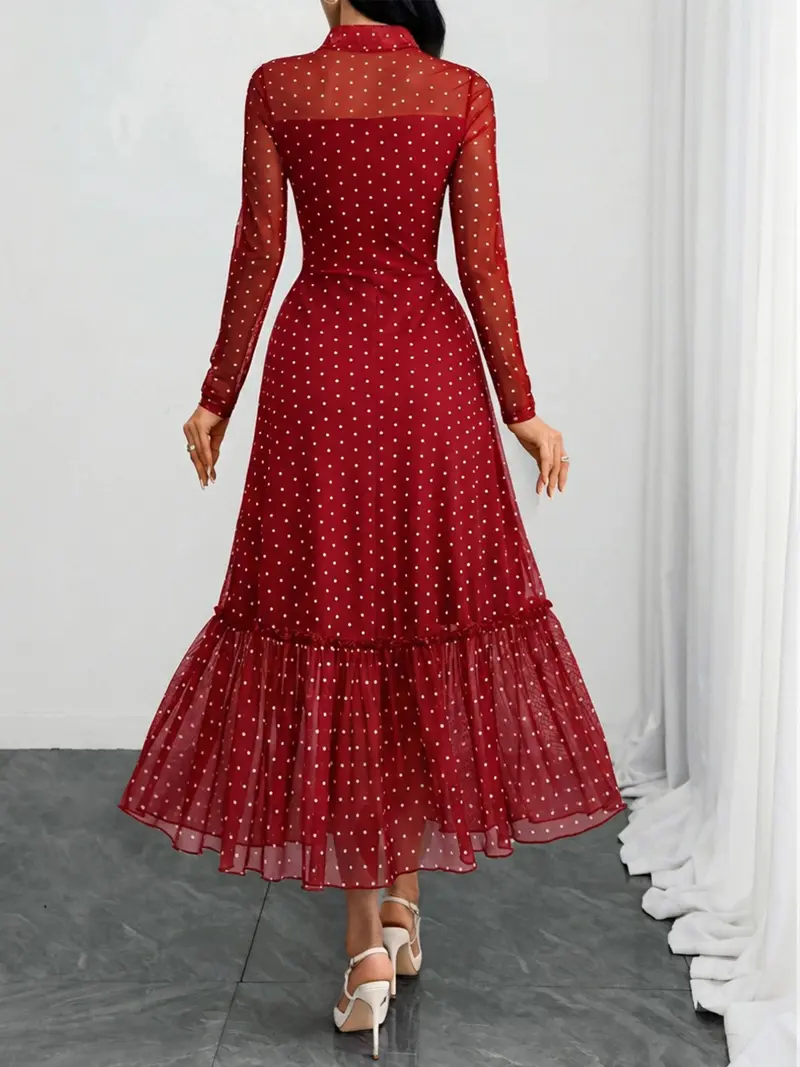 Women's Polka Dot Bow-Neck Ruffle Hem Midi Dress