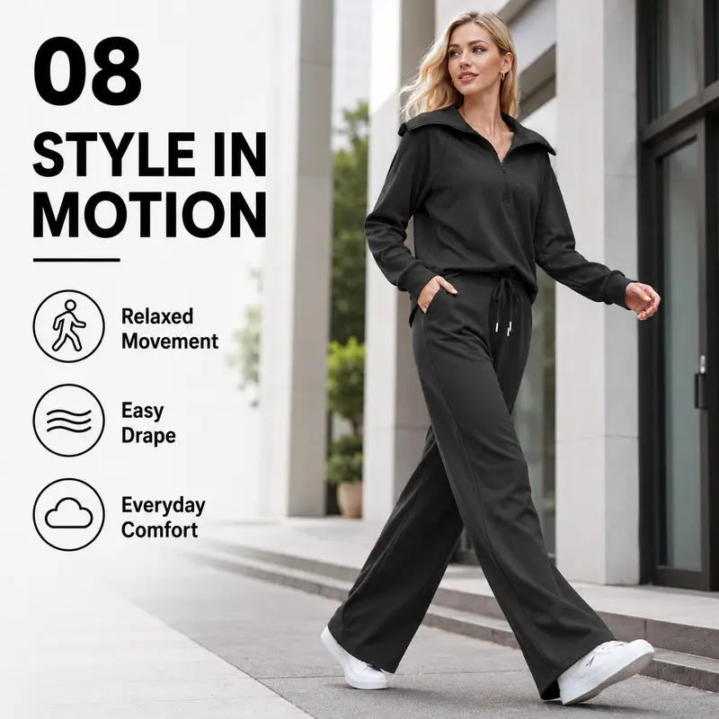 Women’s Half-Zip Sweatshirt & Wide-Leg Pants Set – Relaxed Two-Piece Outfit