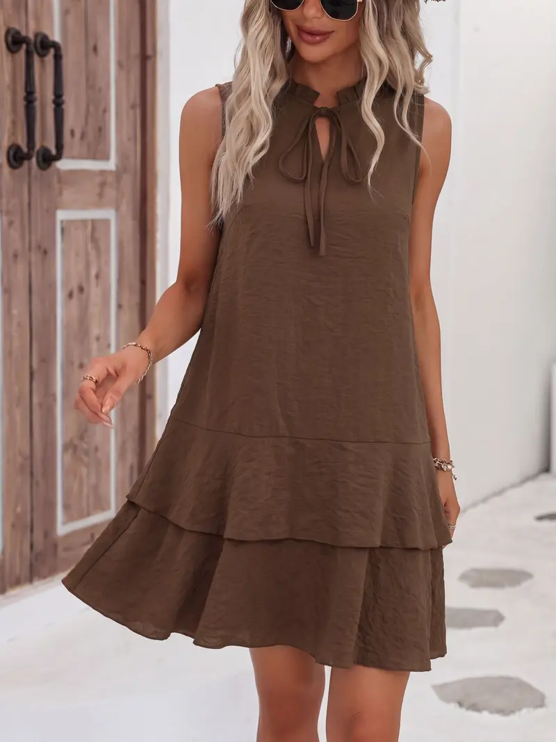Women's Geometric Print Bow Dress, Tiered Layer Cake Skirt, Casual Sleeveless Fitted Short Dress, All-Season Versatile Fashion